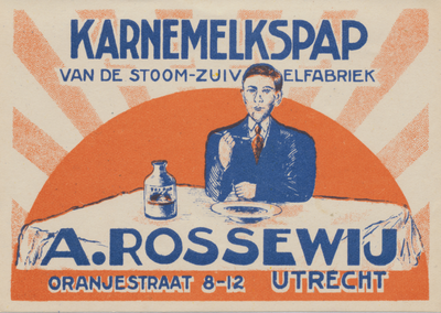 716364 Etiket voor karnemelksepap van A. Rossewij, Melkinrichting en Zuivelfabriek, Oranjestraat 8-12 in Wijk C te Utrecht.